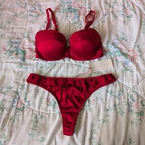 NWOT Stella McCartney Sam Partying Poppy Red Silk Bra & Thong Set